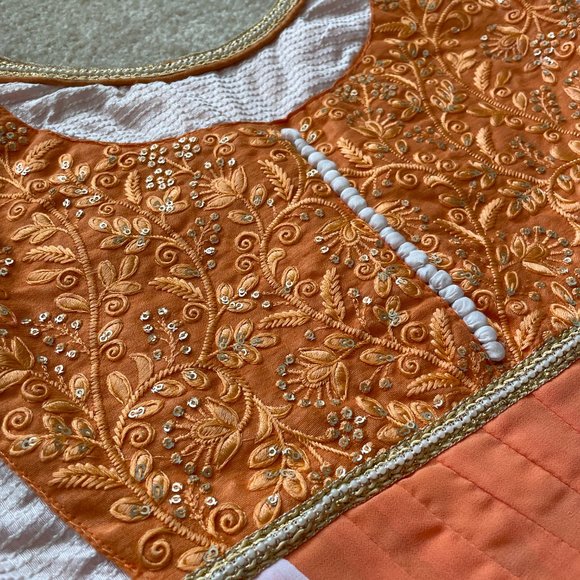 [NEW] Indian Pakistani Anarkali Gown Salwar Ethnic Suit Gold and Coral XS - Picture 2 of 11